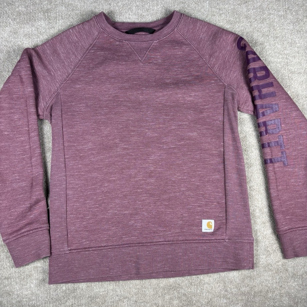 Carhartt Womens Small Relaxed Fit Sweatshirt Purple Spell Out Crewneck - Picture 8 of 8